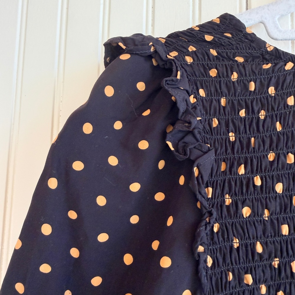 Madewell‎ Smocked Ruffle Shoulder Mini Dress Black Gold Polka Dot Viscose Small - Picture 9 of 11